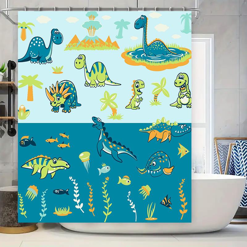 Vibrant Cartoon Dinosaur Shower Curtain Set: Bright Blue Green Underwater World with Fossil Design Decorate Your Bathroom in Sty 90x180cm