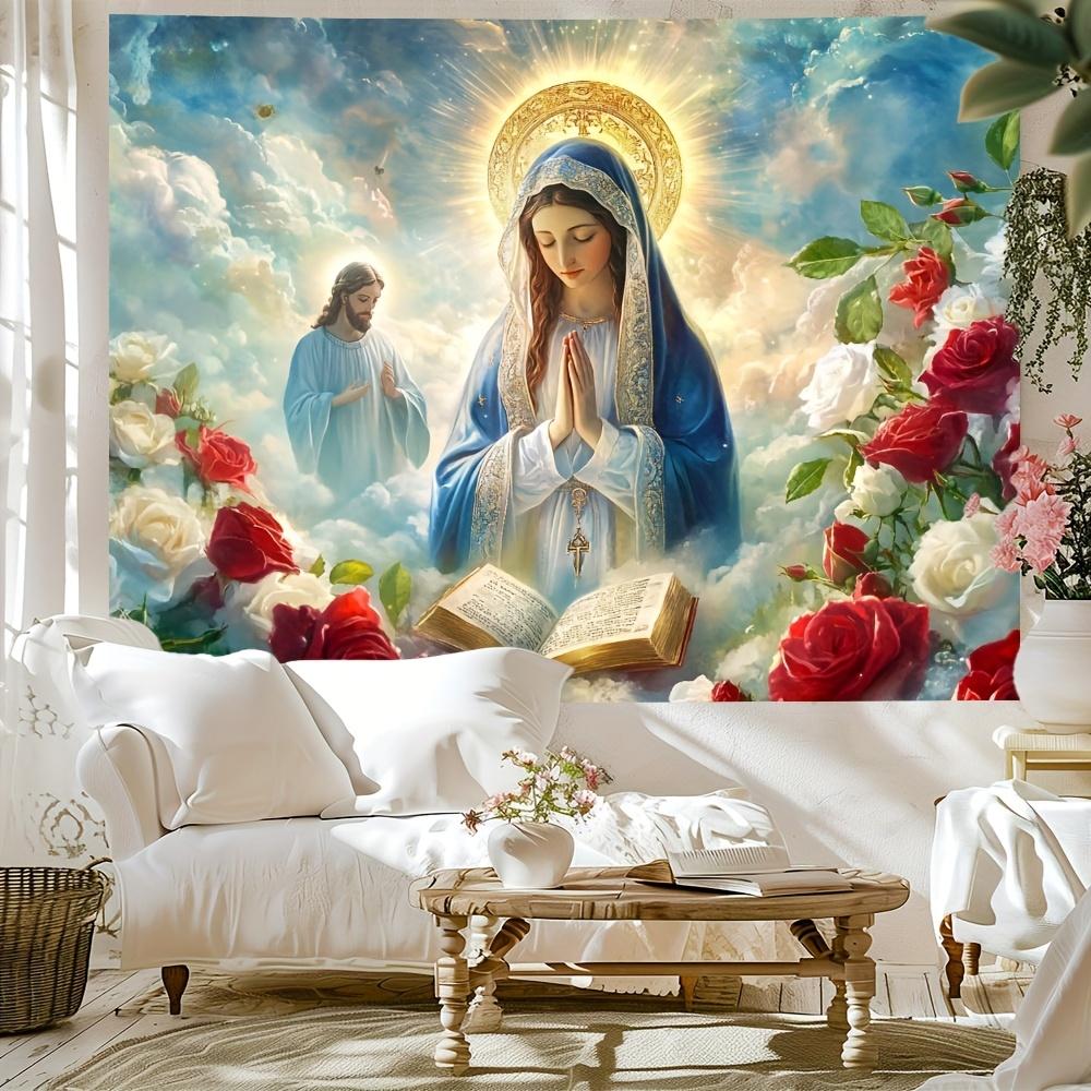 Divine Virgin Mary Tapestry Radiant HaloRosesOpen Book Heavenly Clouds for Spiritual and Inspirational Home Decor Wall Art