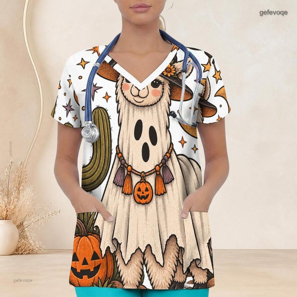 Women Plus Size V Neck Short Sleeve Scrub Top Halloween Camper Van Campfire Bat Pumpkin Print Nurse Uniform Top