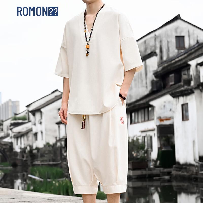 ROMON Men s New Chinese Style Short Sleeve Two-Piece Set 4XL