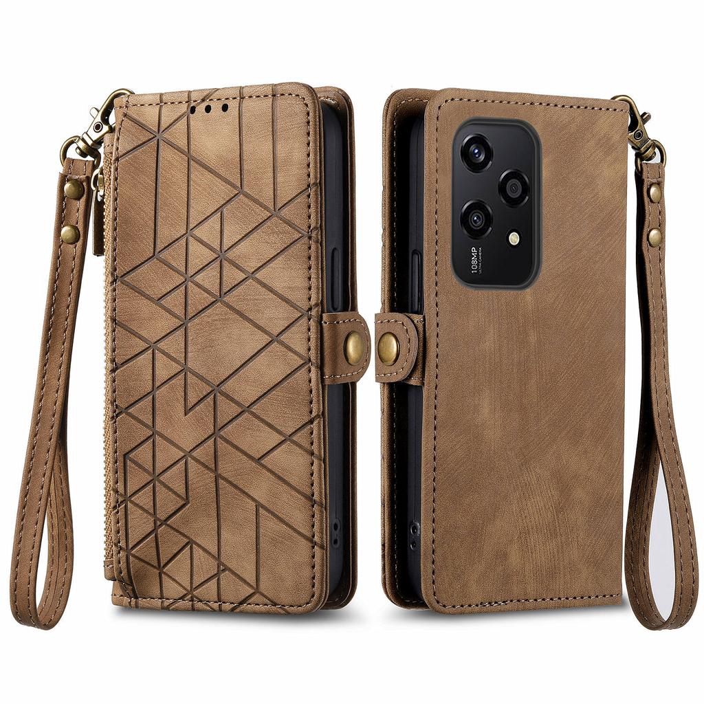 For Honor 200 Lite Phone Case Geometry Imprint Leather Zipper Wallet Stand Cover
