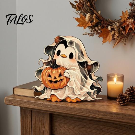 Halloween Party Supplies Wooden Ghost Ornament with Pumpkin Pattern, Double Sided Desktop Decoration, Spooky Tiered Tray Decor Decor, Wood Tabletop