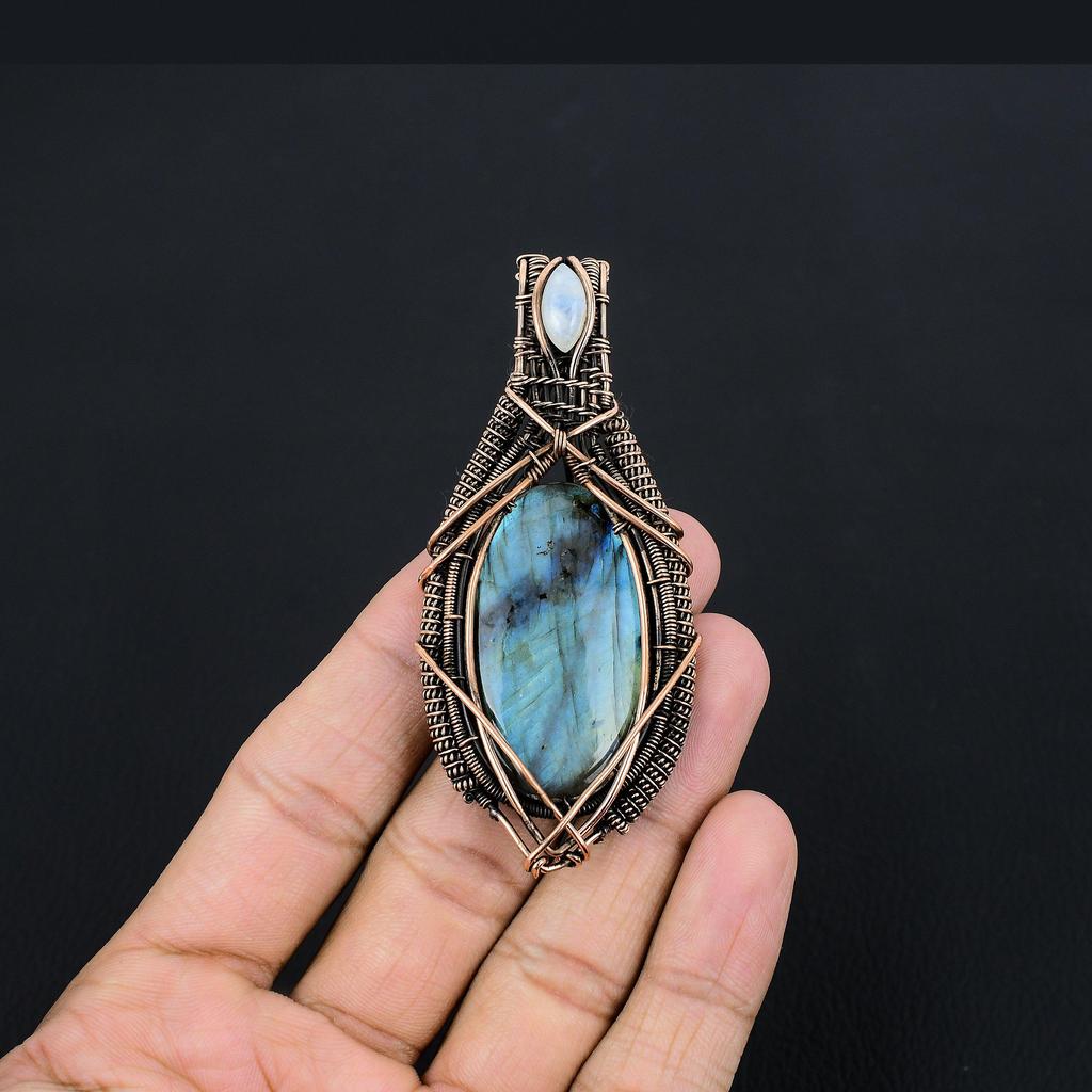 Pingente de Labradorita, Pingente de Gema Artesanal Envolto em Fio de Cobre 999 Joia Antiga, Para Presente Joia de Prata