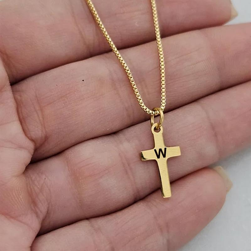 Engraved 26 Initial Letter Cross Pendant Necklace For Boys Girls Gold Plated Stainless Steel Children Jewelry