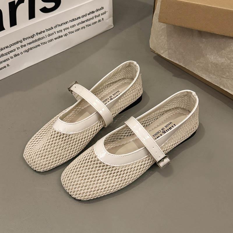 Fashion Weaving fishing net hollow ballet shoes for women in summer 2025, flat mesh mesh Mary Jane shoes, minimalist sandals