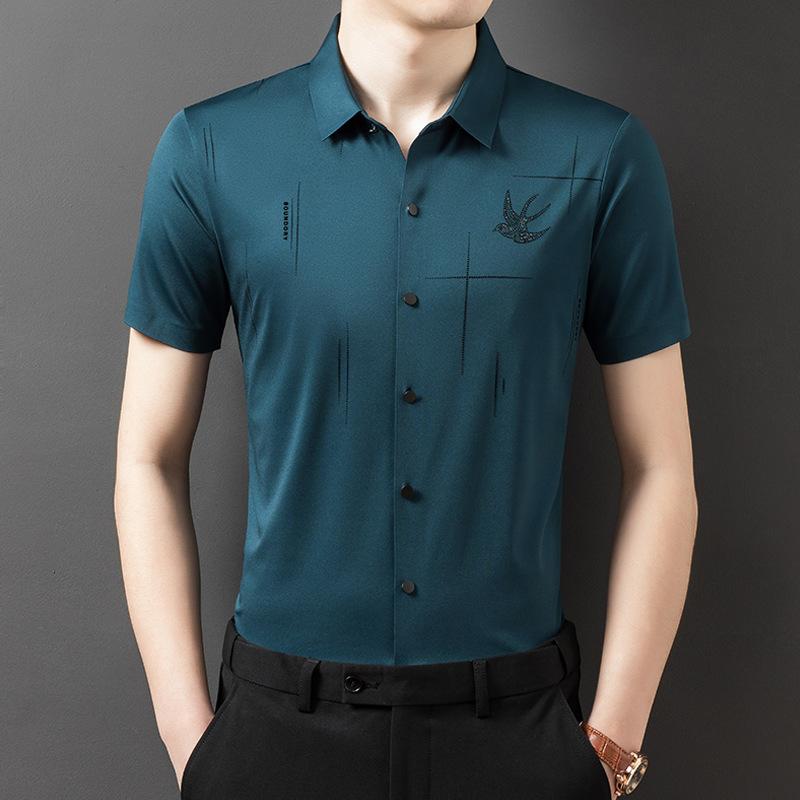 

Новая летняя мужская рубашка с короткими рукавами, мужская модная корейская однотонная бесшовная повседневная рубашка с лацканами без железа для мужчин XXXXL