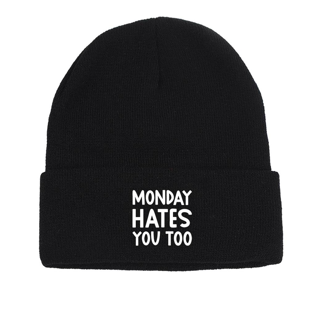 MONDAY HATES YOU TOO" Warm Knit Cap Beanie, White Text Man Cap Stretchy Candy Color Solid Color Gorro Knitted Hat Beanie