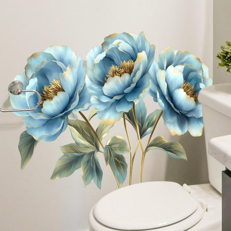 Realistic Gold Blue Flowers Wall Sticker Self-Adhesive Removable Decor for Home Bathroom Living Room Wardrobe