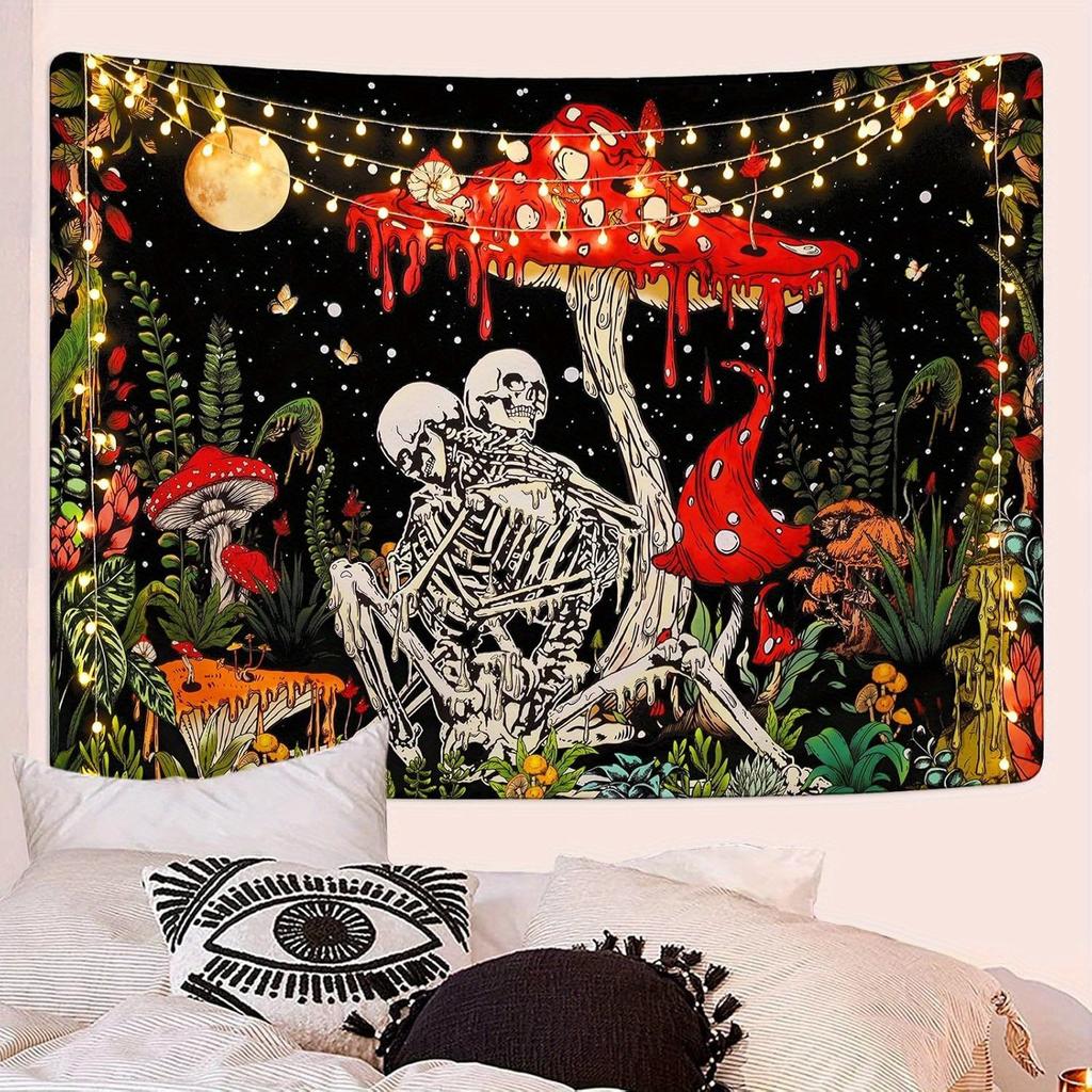 Whimsical Skeletons and Mushrooms Tapestry Perfect for Eclectic Decor Vibrant Wall Hanging Adds Charm