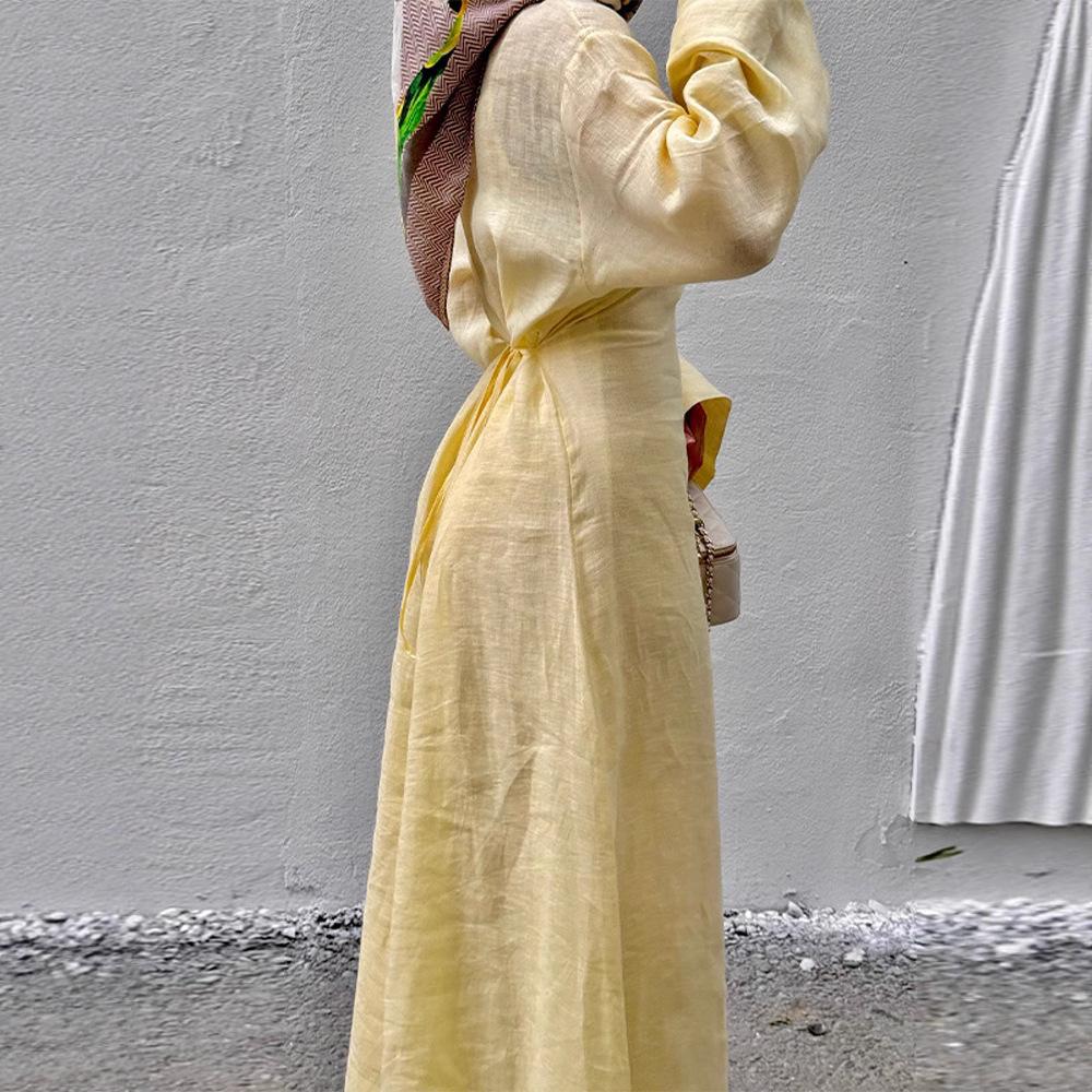 Spring and Summer Women's Clothing Foreign Trade New Temperament Round Neck Long Sleeve Waist Lace-up Dress Horn Sleeve Long Dress