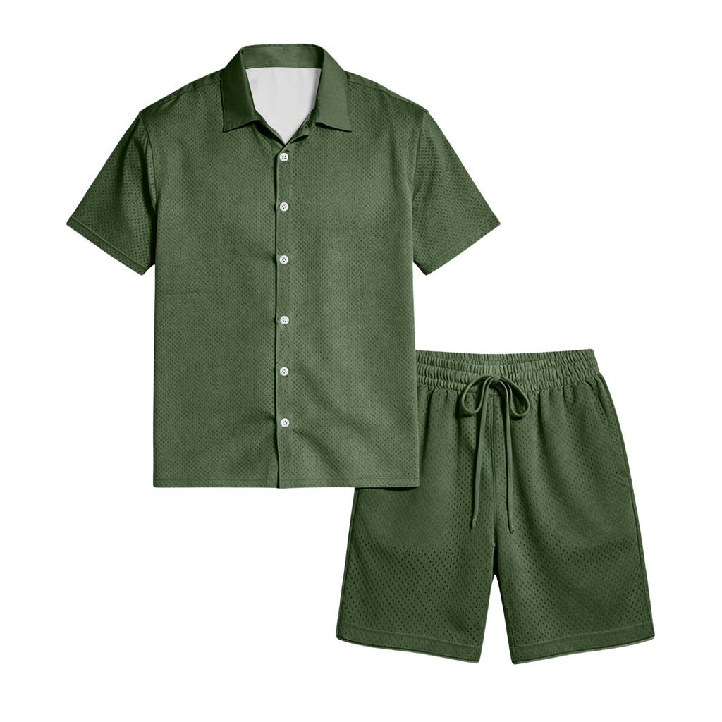 Mens Short Sleeve Button Down Shirt and Shorts Set Casual Two Piece Outfits Lightweight Fabric Summer Matching Suit