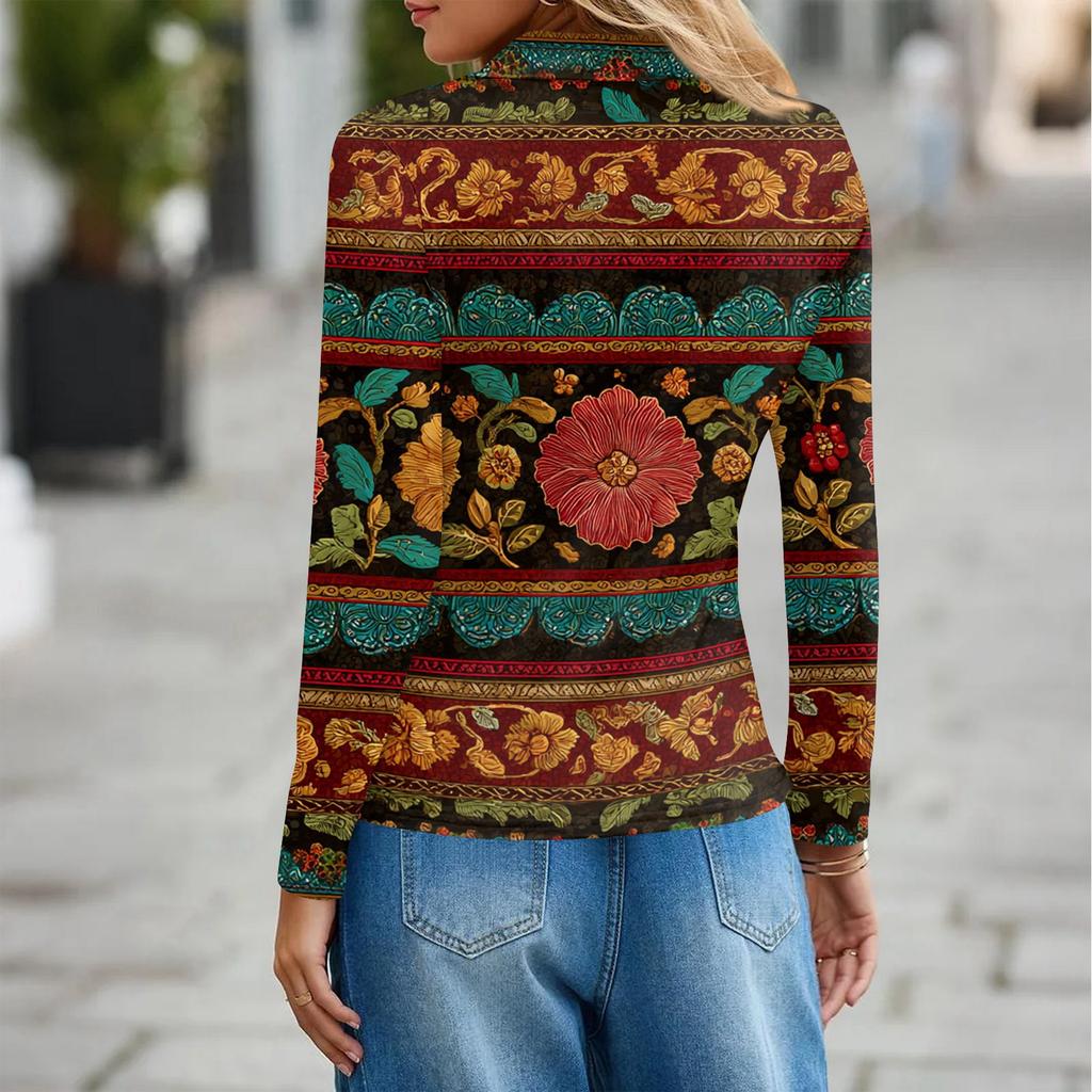 Women's Fashion Casual Lapel Short Long Sleeve Print Shirt Women's Button Up Tops