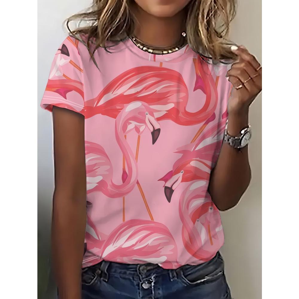 Watercolor Flamingo Tropical Tshirt Women Casual Short Sleeve Crew Neck Summer Beach Vacation Graphic Tee Funny Daily Wear