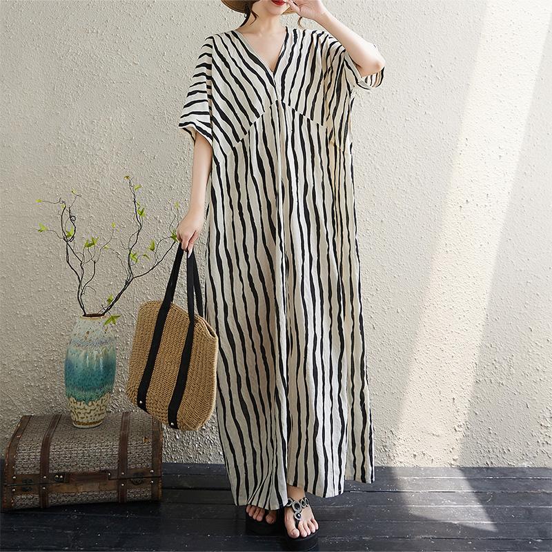 

DIMANAF New 2025 Women Basic Plus Size Stripe Summer Dress Casual Linen V-Neck Short Sleeve Dress Loose Dress One Size белый