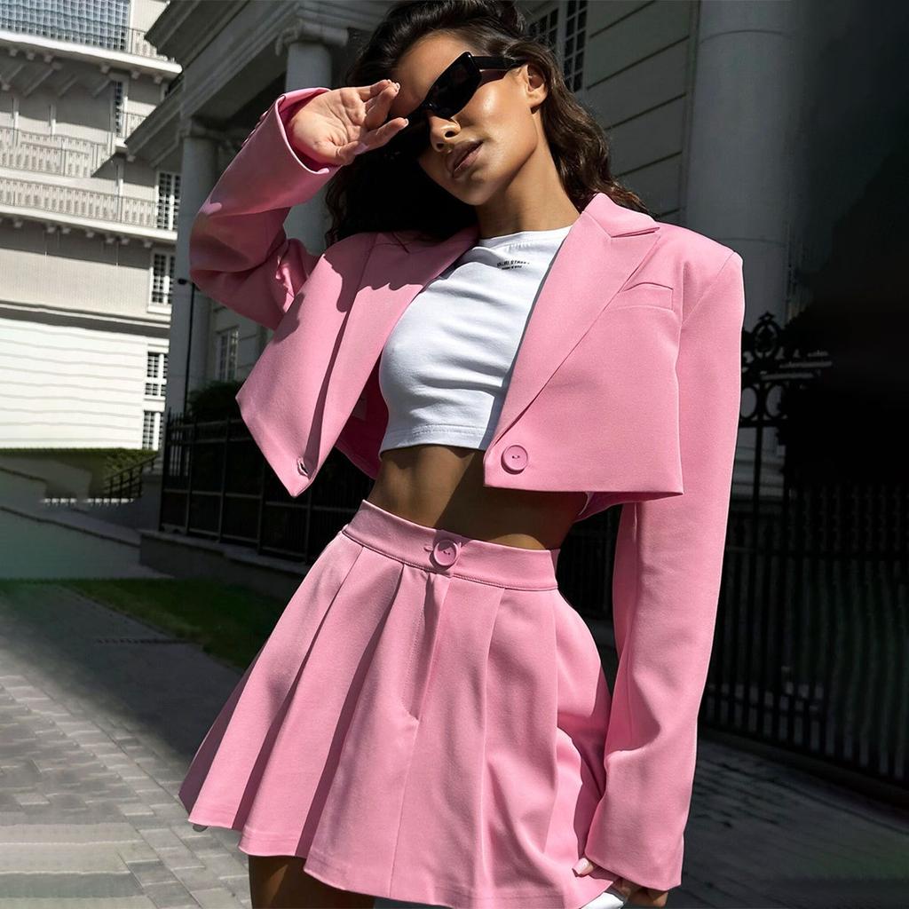 İlkbahar Yaz Y2K 2 Parça Blazer Etek Takımı, Kadın Yaka Omuz Blazer + Mini Etek Kombin Kıyafetler, Avrupa Amerika Tarzı