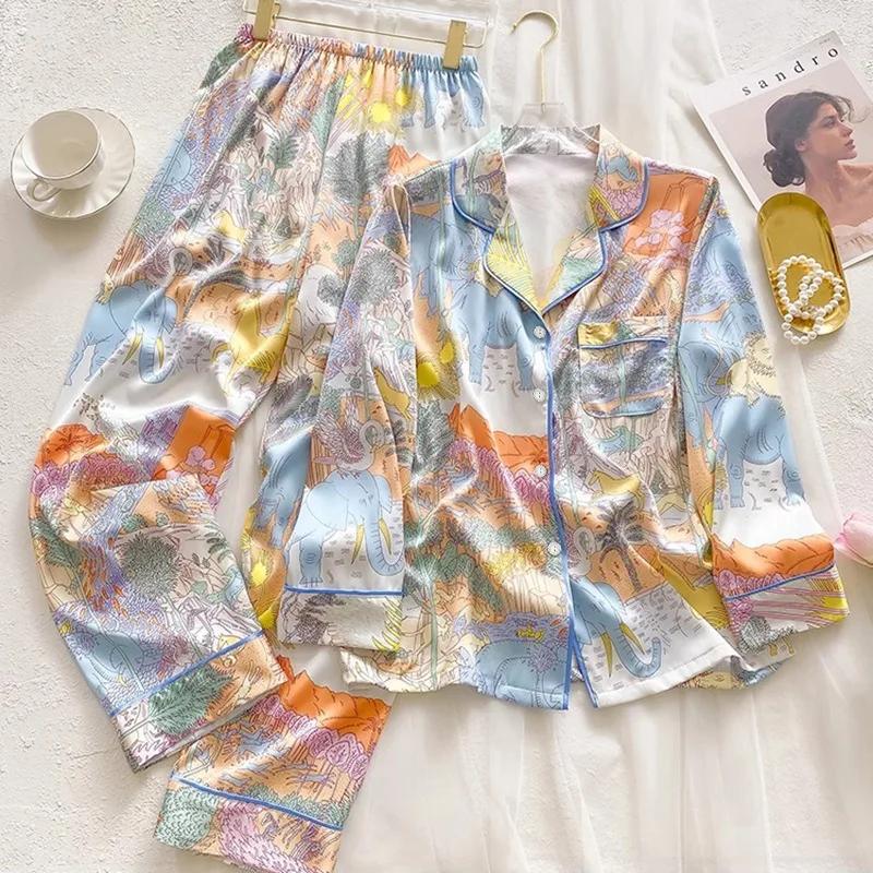 Women's Pajamas Sets Spring Autumn 2 Piece Animal Print Pyjama Faux Silk Satin Sleepwear Long Sleeve PijamaHomewear