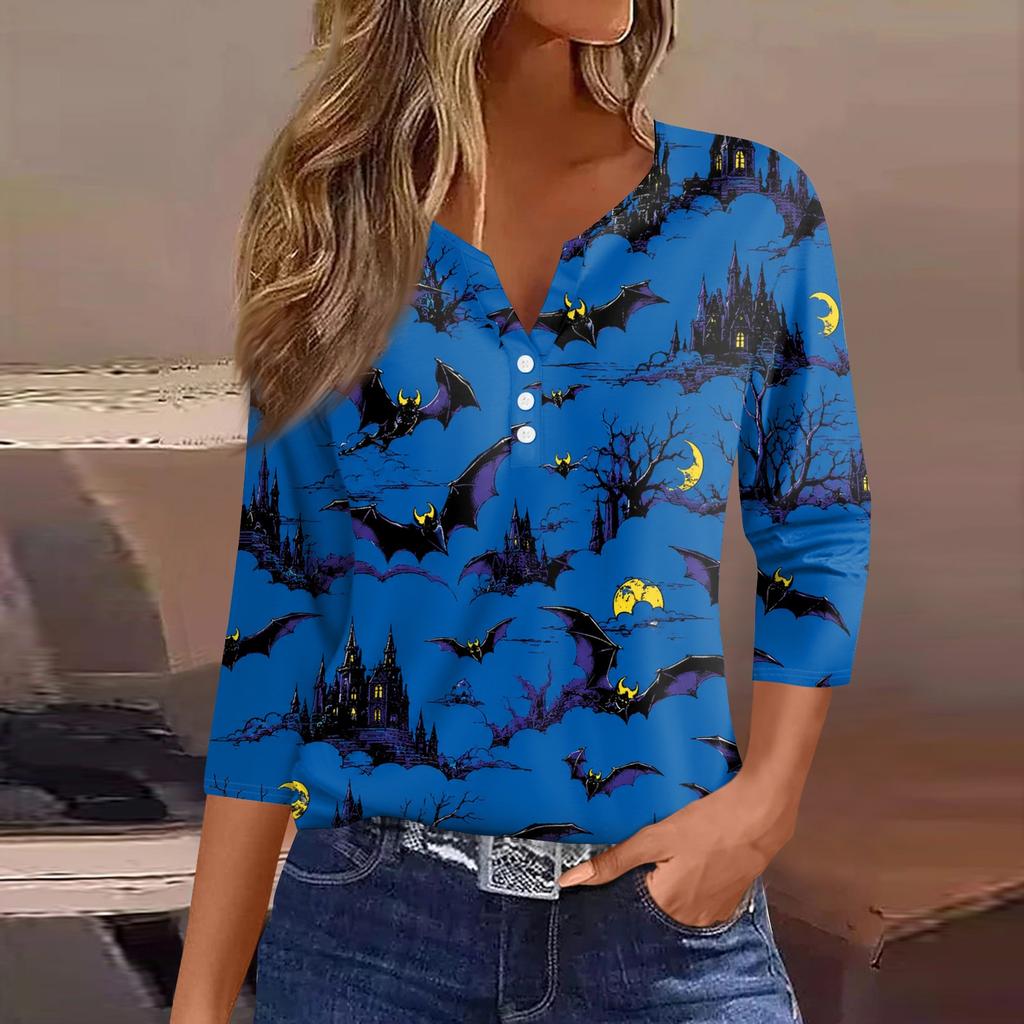 Women Casual Halloween Print V Neck 3/4 Sleeve Button Front Top Lightweight Soft Fabric Relaxed Fit Shirt