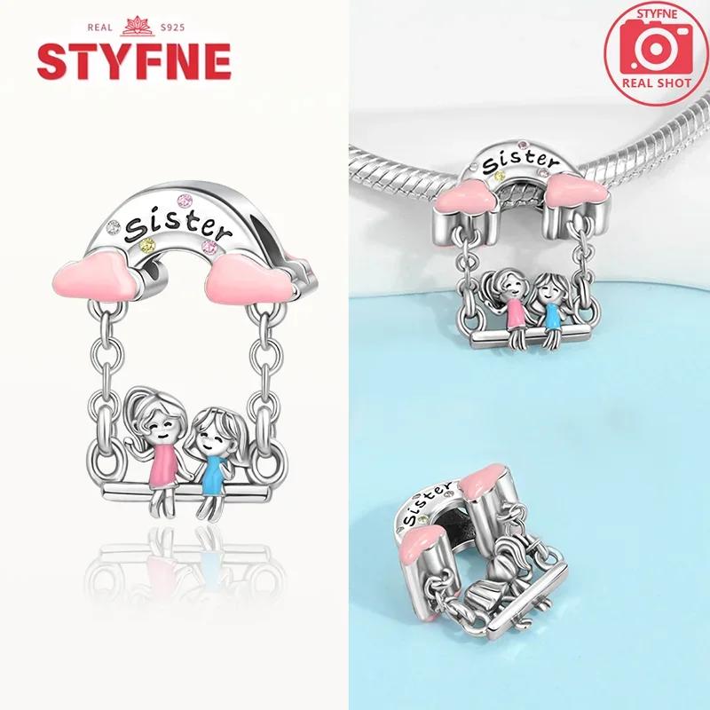 925 Silver Sisters On Swing Heart Charm Beads DIY Bracelet Fine Jewelry Gift for Women Sister Forever