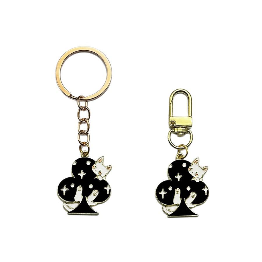 Cartoon Cat Playing Card Keychain with Heart and Geometric Pendant