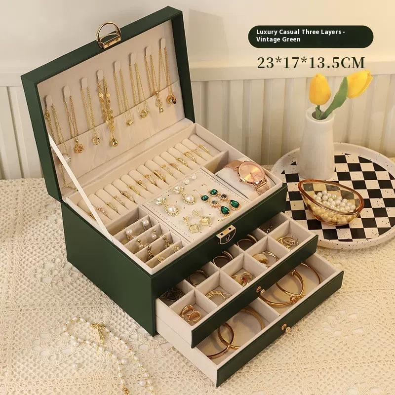 

Большая вместительная шкатулка для драгоценностей из кожи с тремя ярусами, шкатулка для хранения золотых украшений, ожерелий, сережек, браслетов 23*17*13.5cm темно-зеленого