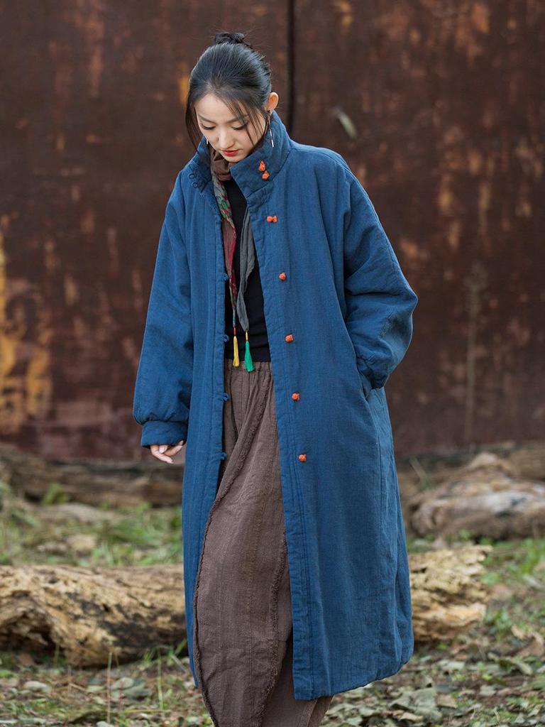 Women's Retro Chinese Style Cotton Linen Jacket with Plate Buckle - Sand Washed, Loose Fit, Padded Warmth