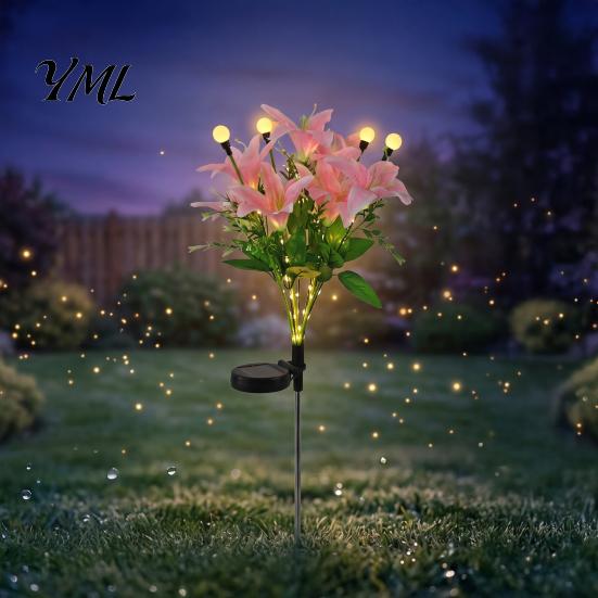 Outdoor Path Lighting for Patio 2Pcs Artificial Flower Solar Lights, Lily Bamboo Wisteria Garden Stake Powered Decor Firefly Waterproof Pathway Lights