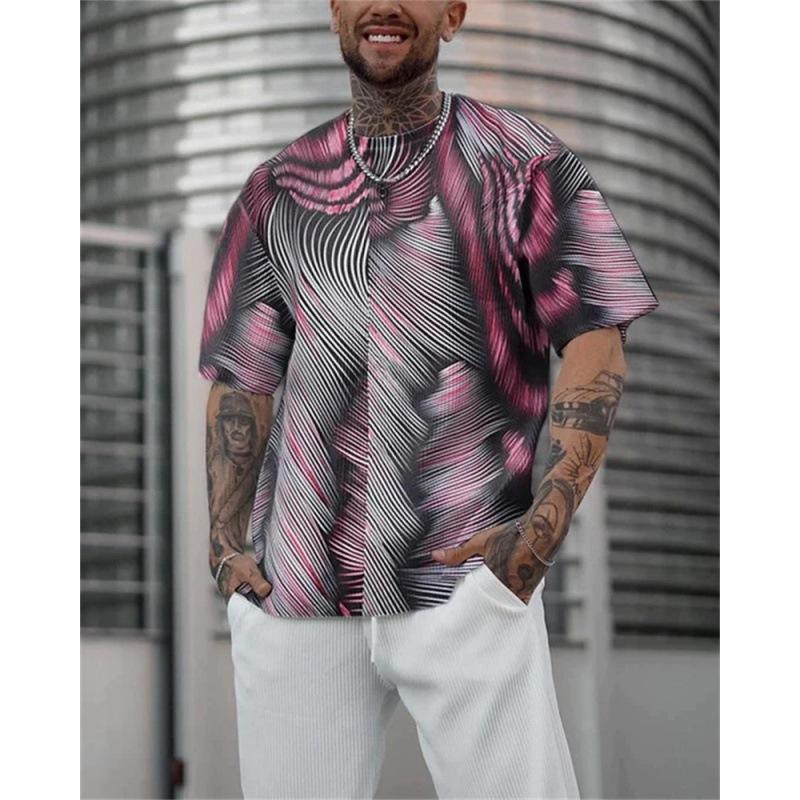 Tricou de vară pentru bărbați retro negru alb cu model geometric cu linii cubice, cu imprimeu mare, mânecă scurtă, top casual