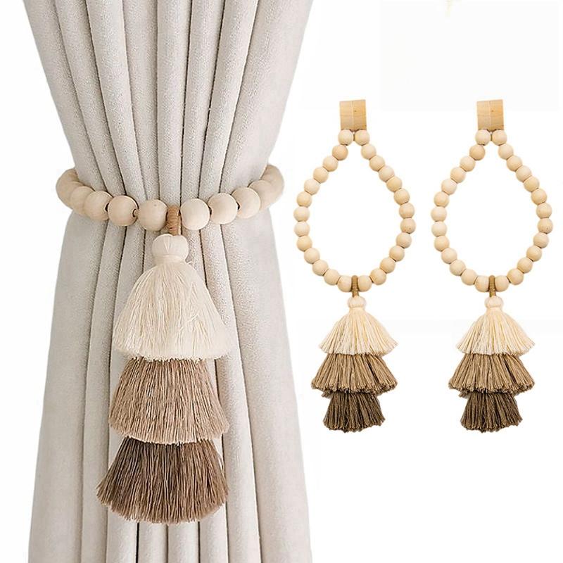 2 Pack Magnetic Curtain Tiebacks Wood Beads and Woven Rainbow Pendant Elegant Decorative Tie Backs for Drapes Window Curtains