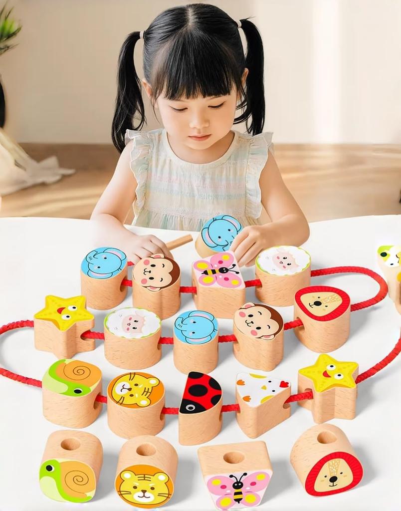 KeyAngel Montessori Toy Educational Toy Stringing Toy Stringing Rods Early Development Finger Training Animal Recognition Shape Recognition Game Card