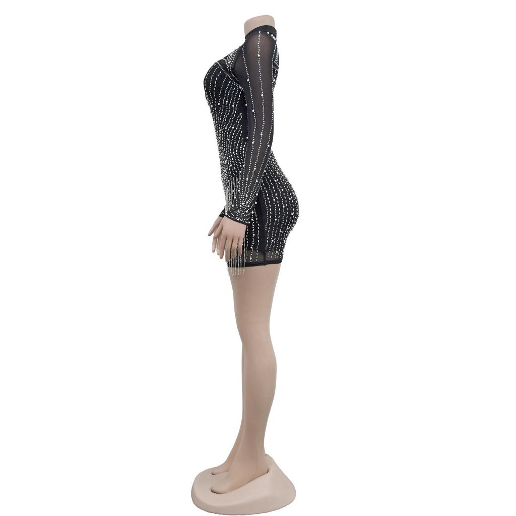 C6381 European & American Fashion Women's Long Sleeve Mesh Bubble Bead Short Dress