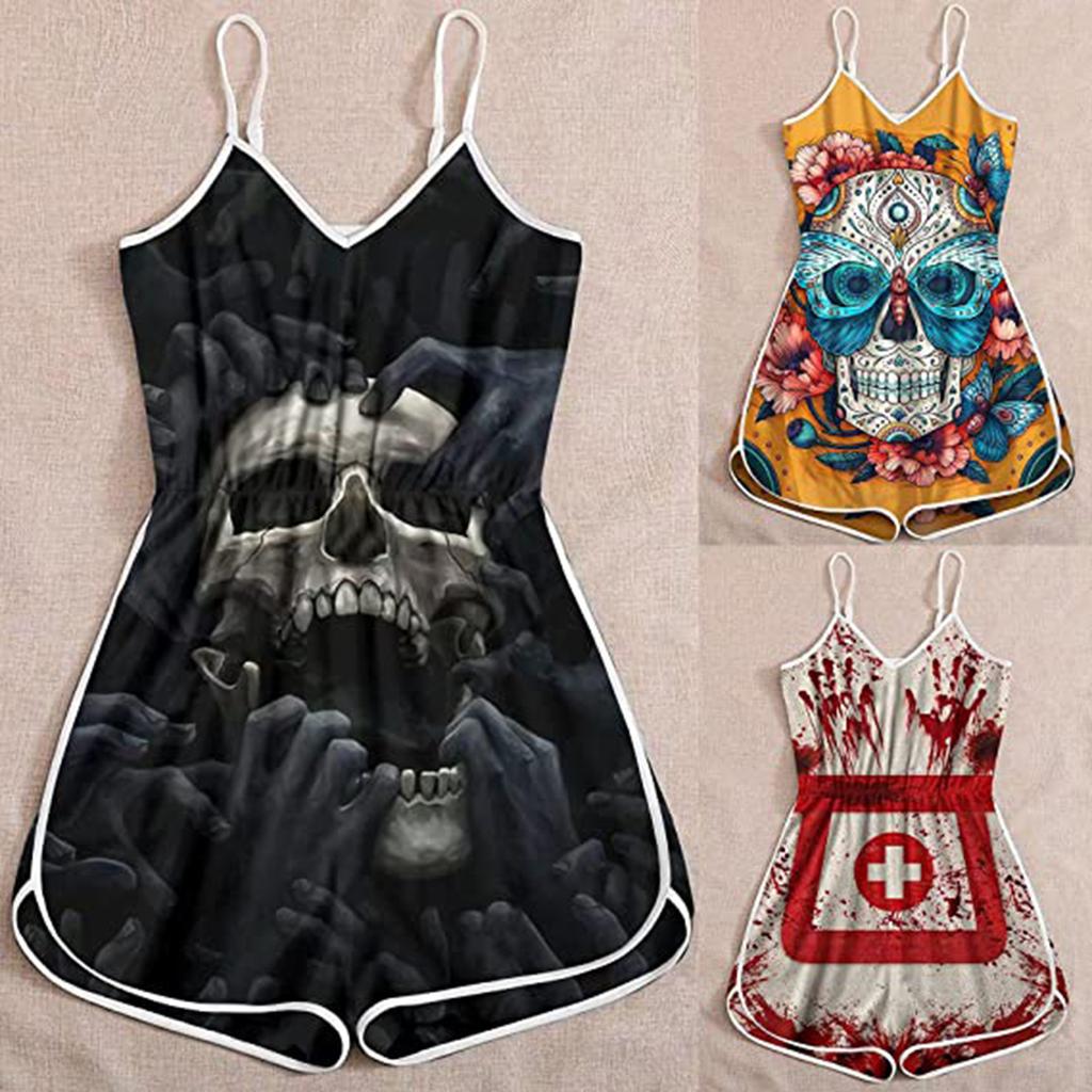 Wish Halloween print lady skull suspender jumpsuit