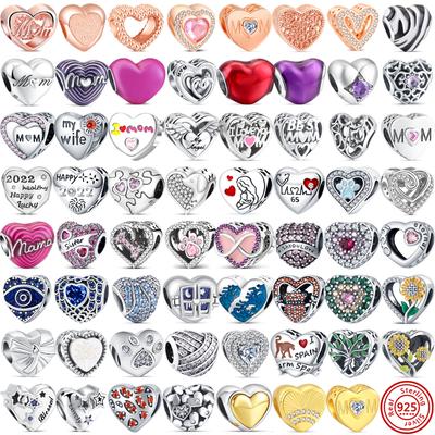New 925 Sterling Silver Angel Mom Family Heart Shaped Series Shine Beads Fit Original  Charms Bracelets Women DIY Jewelry