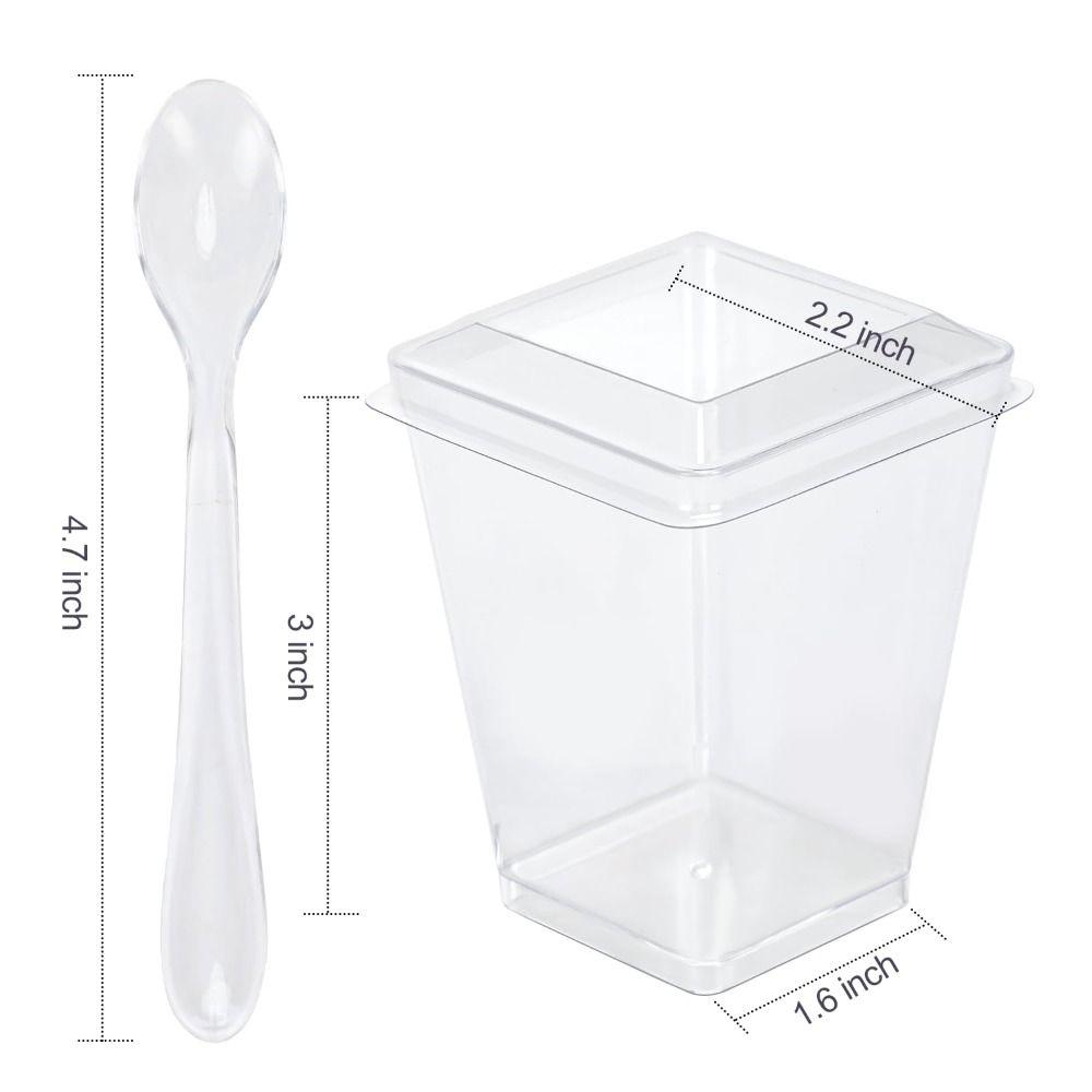 50PCS Durable With Lids Plastic Dessert Cups with Spoons Clear Square Cups Yogurt Parfait Cups Party
