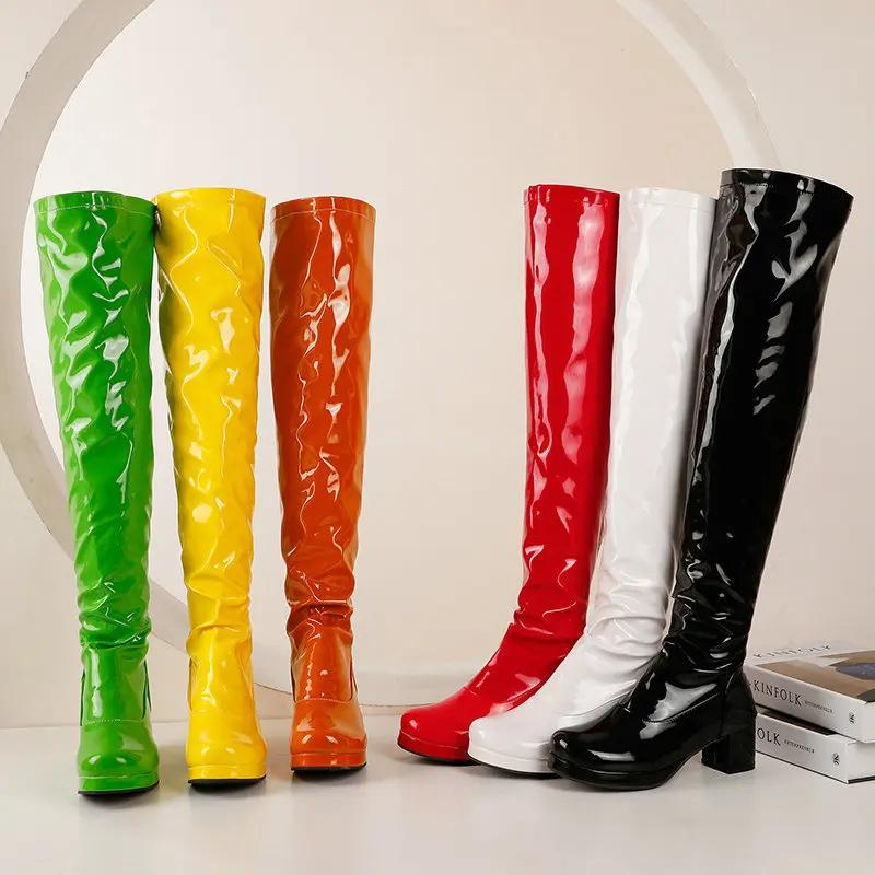 Autumn Winter High-heeled Women's Boots Are Thin Patent Leather High-heeled Boots Patent Leather Thick Heel Bootsknee Boot
