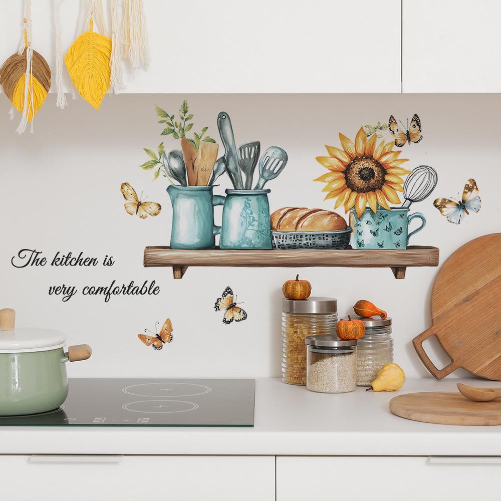 Kreatives Küchengeschirr mit Sonnenblumen und Schmetterlingen Wandaufkleber Selbstklebend Abnehmbar für Küche Esszimmer Hintergrund Heimdeko