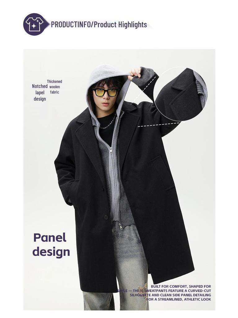 Men's Mid-Length Wool Coat - Dragon & Phoenix Design, Autumn/Winter Korean Style, Thick Windbreaker, Loose Fit, Trendy Brand Lapel Jacket.