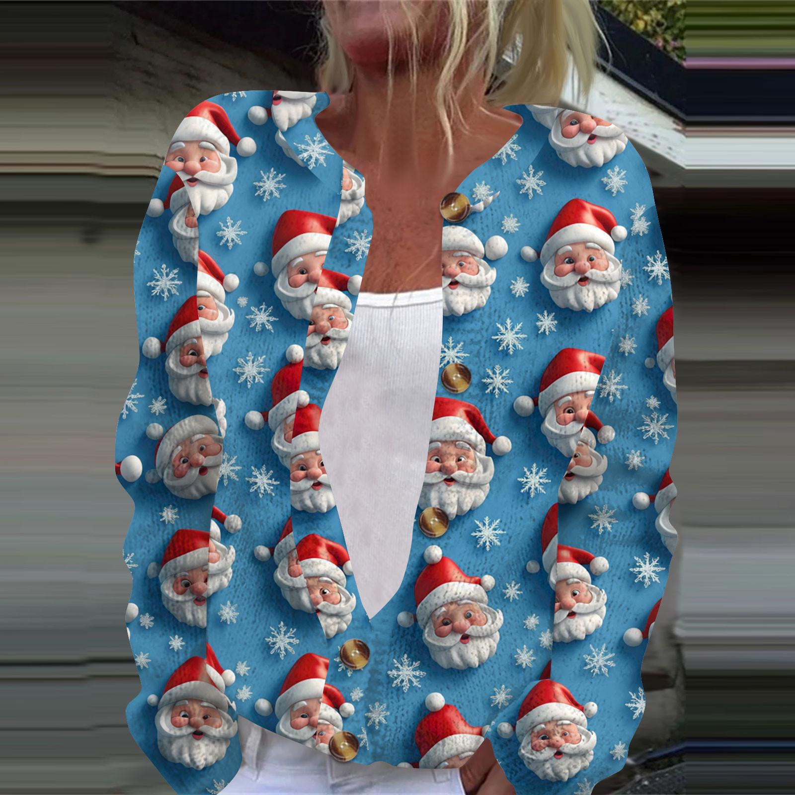 

Женская мода рождественский принт длинный рукав вязаный кардиган пуховик XXXL синий