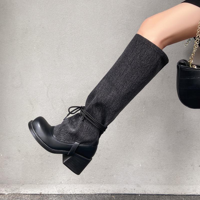 Thick Heel Strap Skinny Big Tube Black Boots Women's New Fashion Spice Girl Long Knight Boots