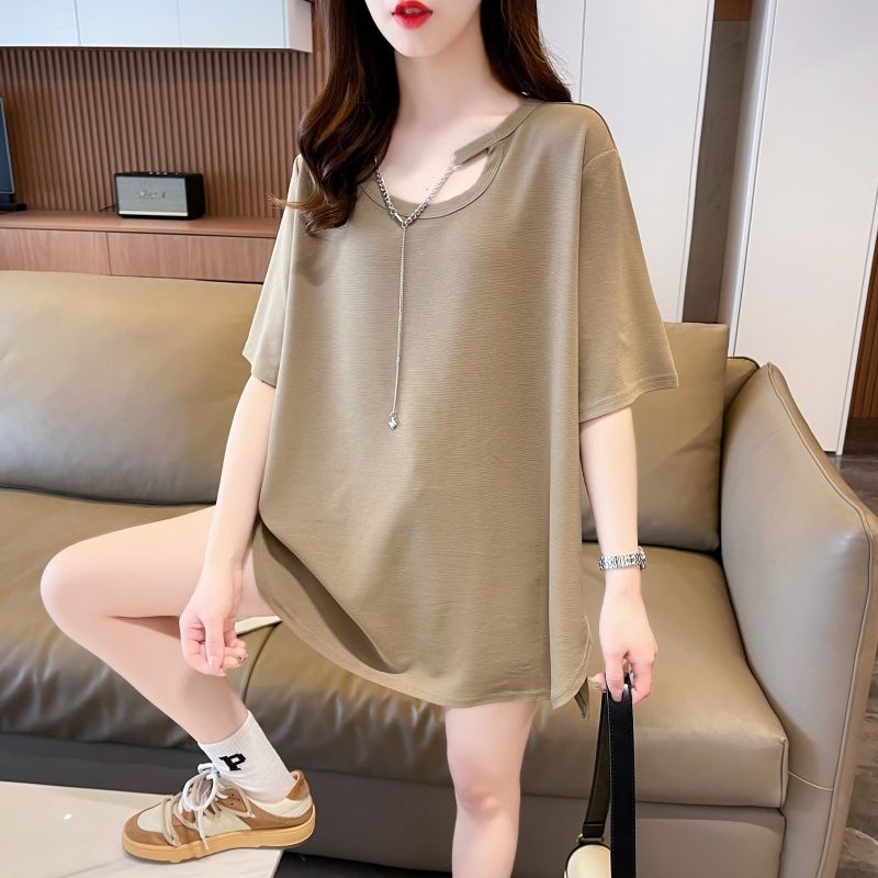 Front Shoulder T-shirt for Women Short-sleeved Korean Style Loose Slim U-neck Summer Top Design Niche Ins Sweet Spicy
