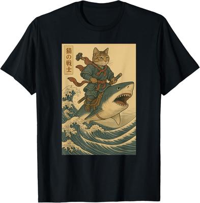 T-shirt Unisex Vintage Anime Gatto Giapponese Divertente Gatto Samurai a Cavallo di Squalo Uomo Donna Magliette Top