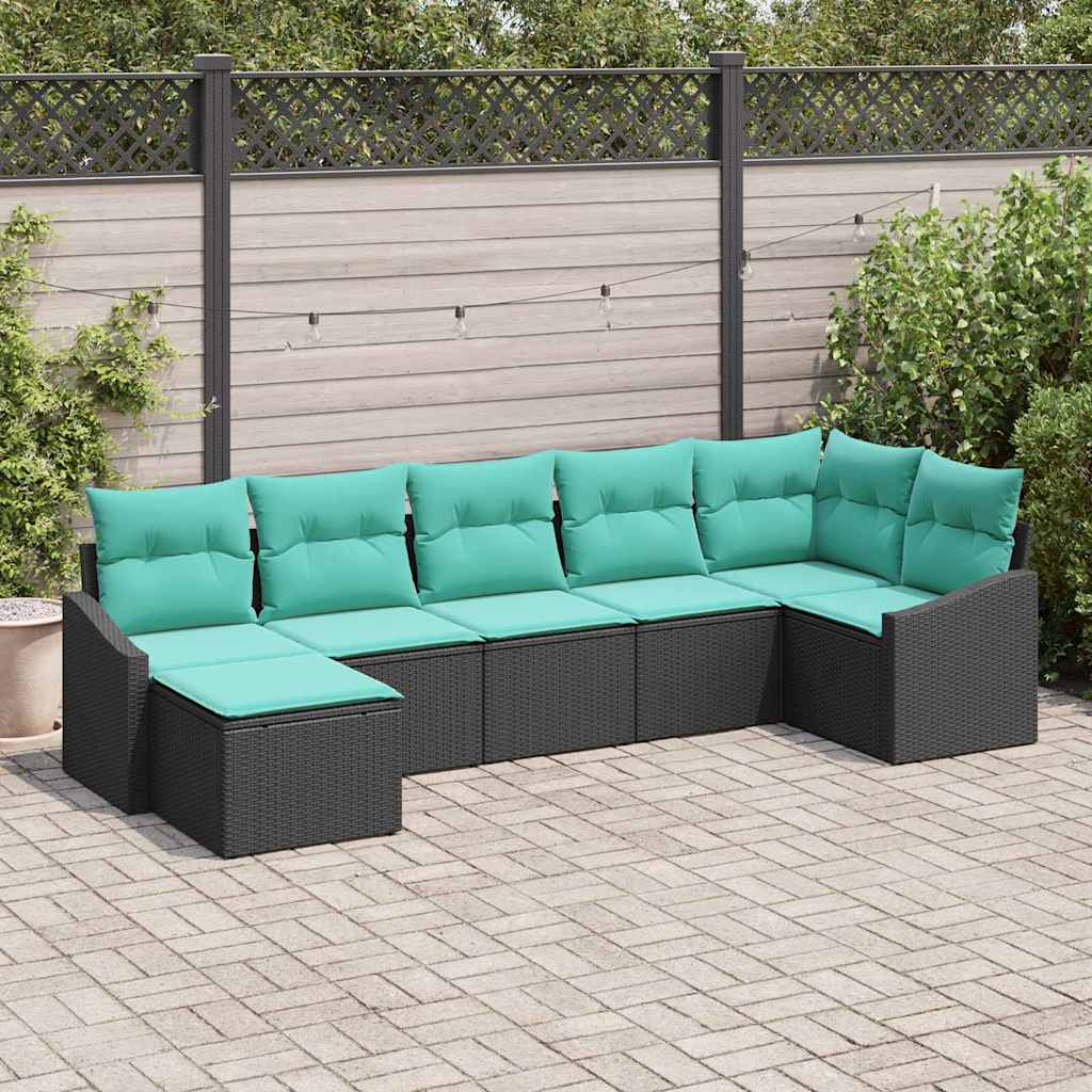 7 Piece Sofa Set with Cushions Black Poly Rattan