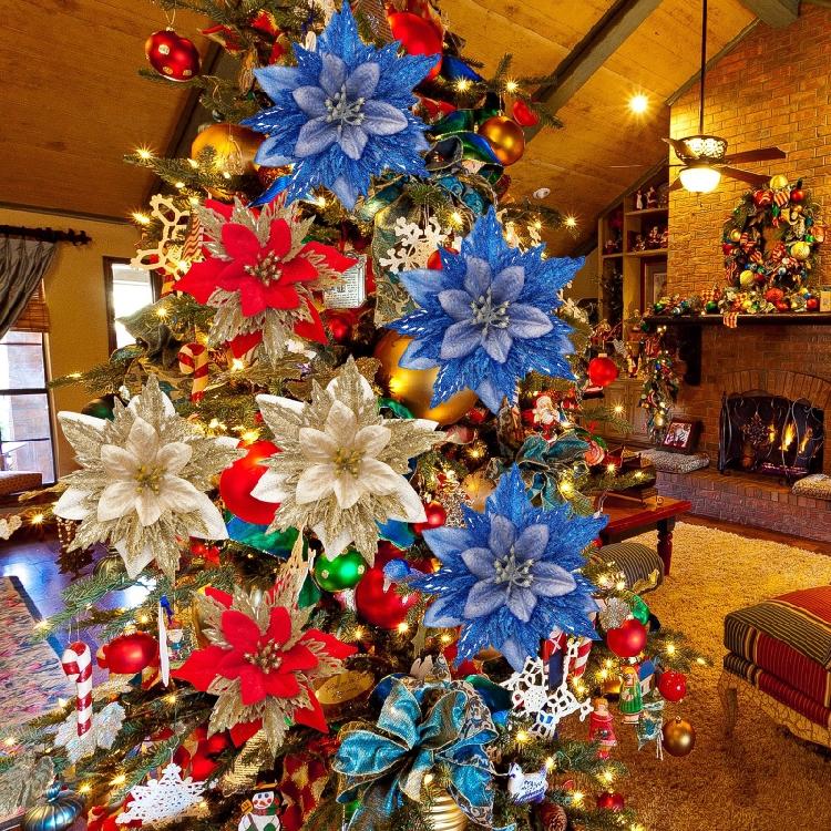 2pcs Christmas Glitter Poinsettia Flowers Xmas Tree Ornaments Home Decorations