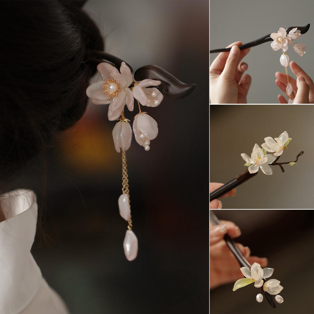 Pink Flower Hair Pin Retro Chinese Style Wooden Hair Sticks Floral Headpieces Pendant Hair Jewelry Women Hanfu Dress Hair Clip