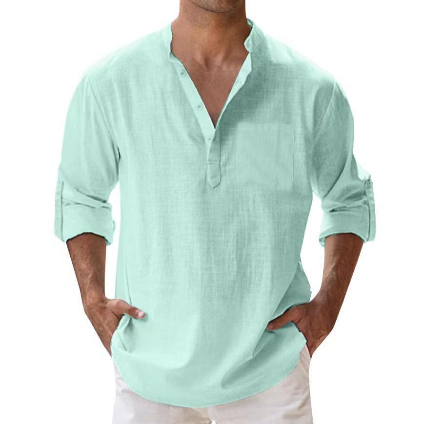 Men's Summer Casual Loose-Fit Stand-Up Collar Solid Color Long-Sleeve Cotton Shirt, Plus Size Available