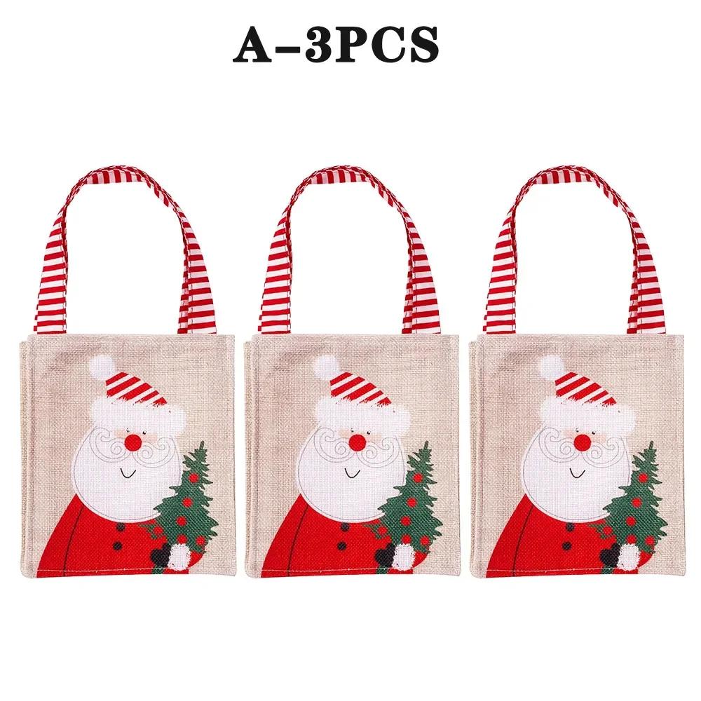 Christmas Candy Apple Pouch Santa Snowman Print Gift Bag Natural Jute Fabric Reusable Holiday Party Favor Storage