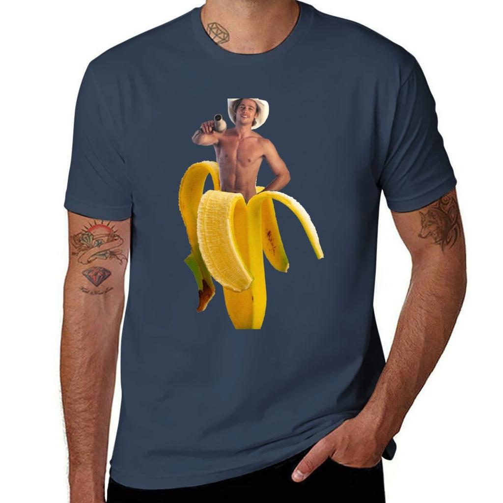 Brad Pitt Wearing Cowboy Hat In A Banana Tshirt Breathable Lightweight Summer Top