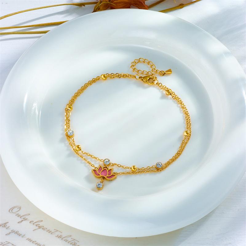 Gold Double Layer Anklet with Pink Lotus Pendant Zircon, Dainty Foot Chain for Women Summer Beach Jewelry