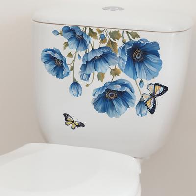 Watercolor Blue Flower Poppy Toilet with Bathroom Bathroom Wall Sticker