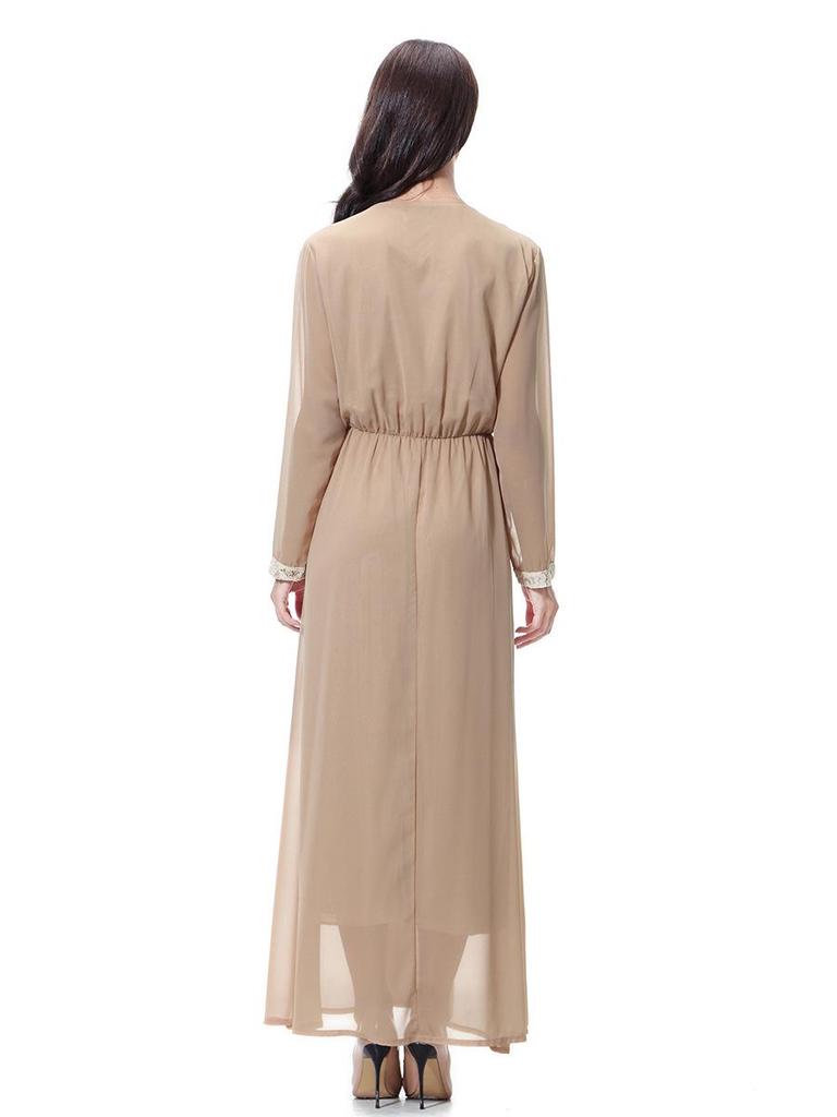 Women's Chiffon Lace Maxi Dress with Round Neck and Long Sleeves, TH923