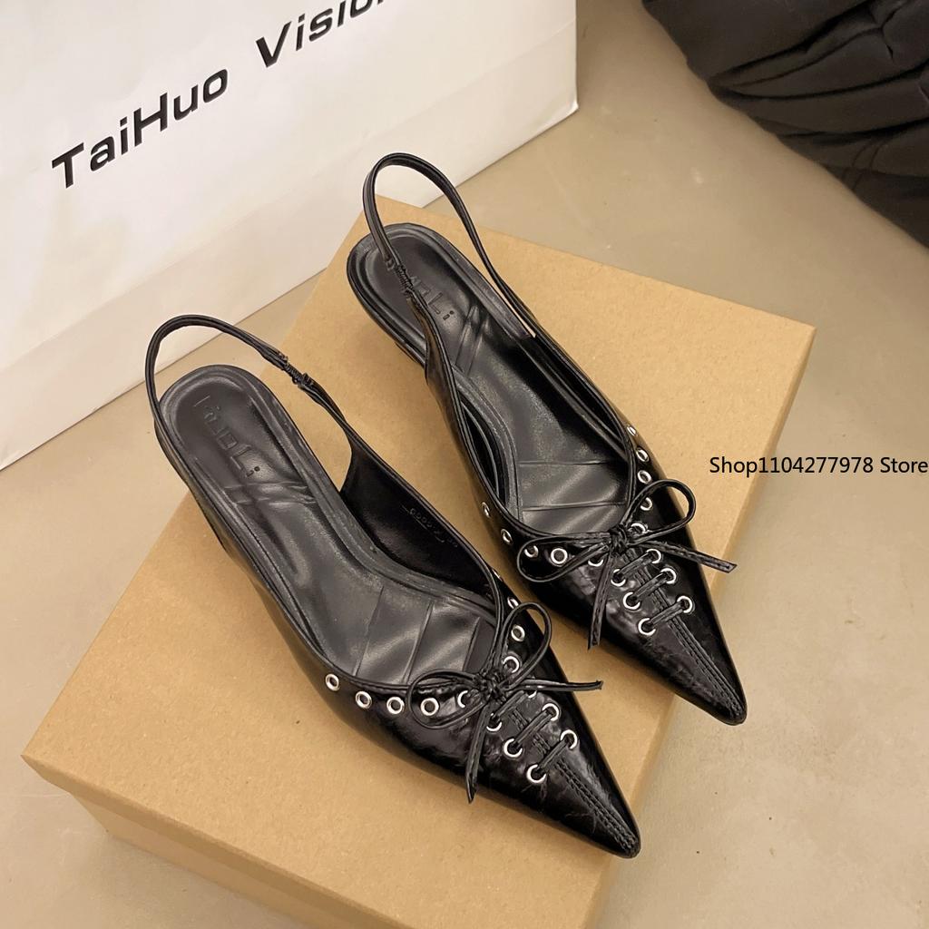 Fashion Large Size Sandals Women's Pumps Pointed Toe Thin Heel Bag Head Sandals 2025 New Flat Shoes Bow Women's Shoes